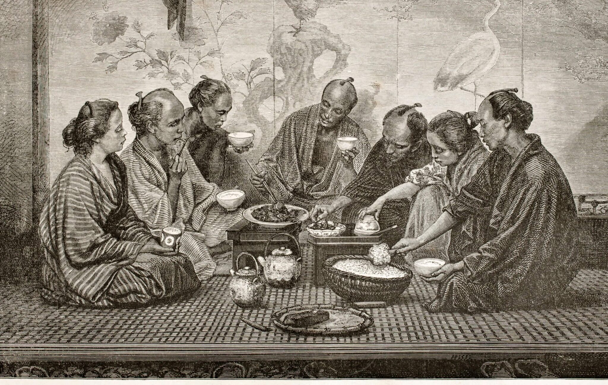 Grabado que muestra una comida tradicional japonesa en época antigua